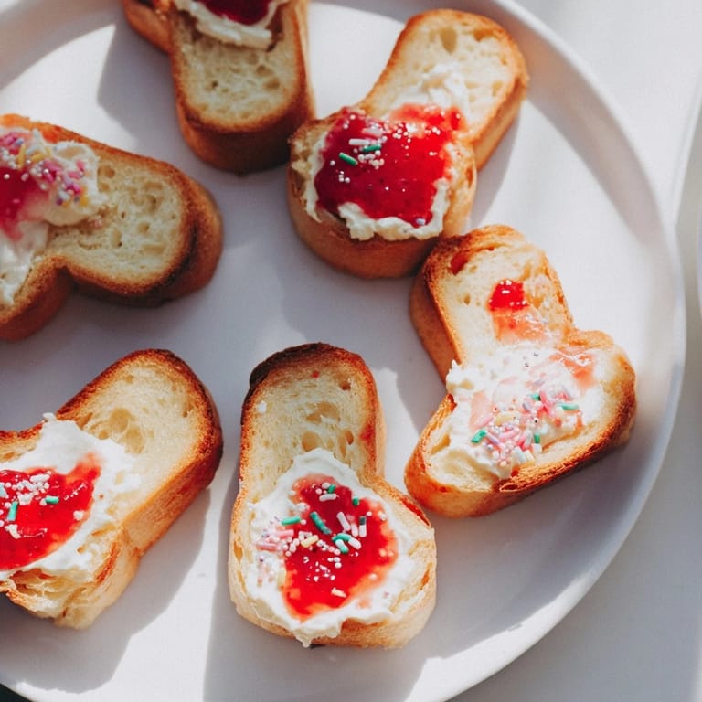 Crispy, festive Elf Shoe Shaped Toast Bites topped with cream cheese and fresh herbs, ready to serve.