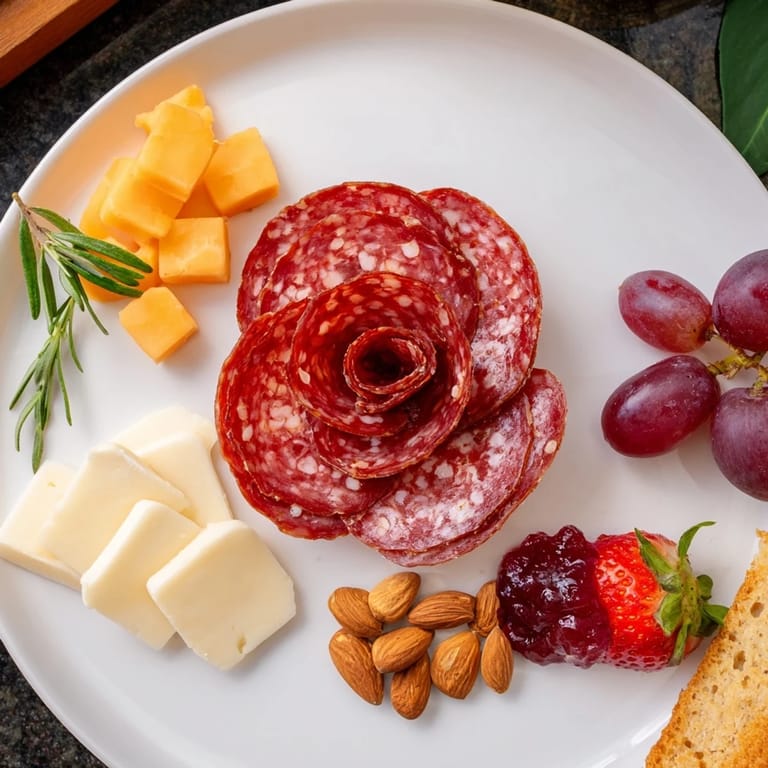Brightly colored Easy Charcuterie: Salami Rose arrangement, including cheese, grapes, and a sweet honey drizzle.