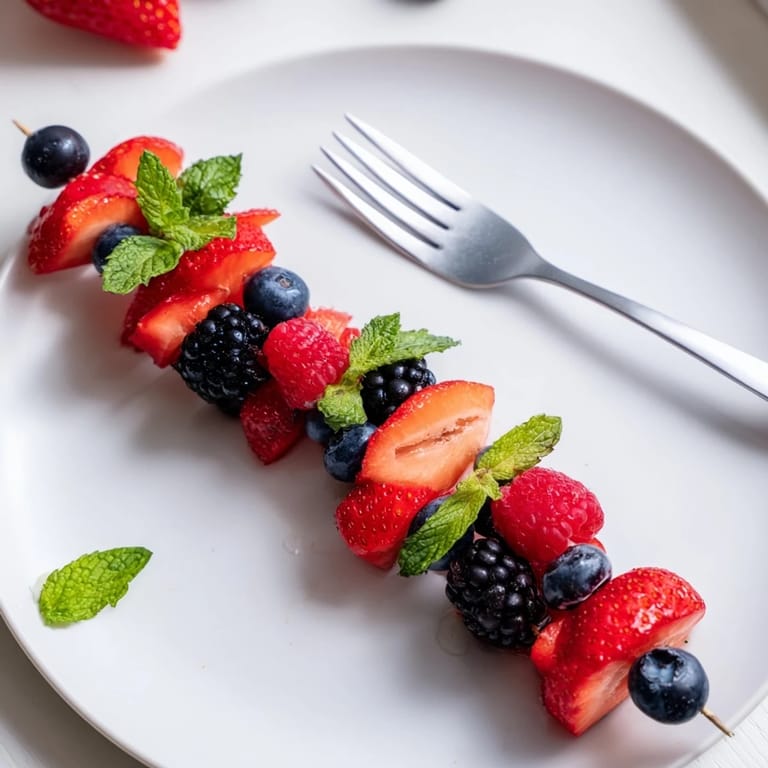 Enjoy refreshing berry flavor: a summery close-up of colorful fruit skewers prepared with fresh mint.