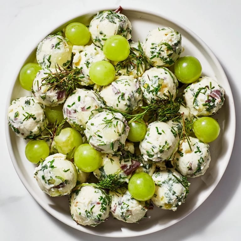 This stunning Mistletoe Kissing Ball presents a cheese and grape appetizer ready for serving at a party.
