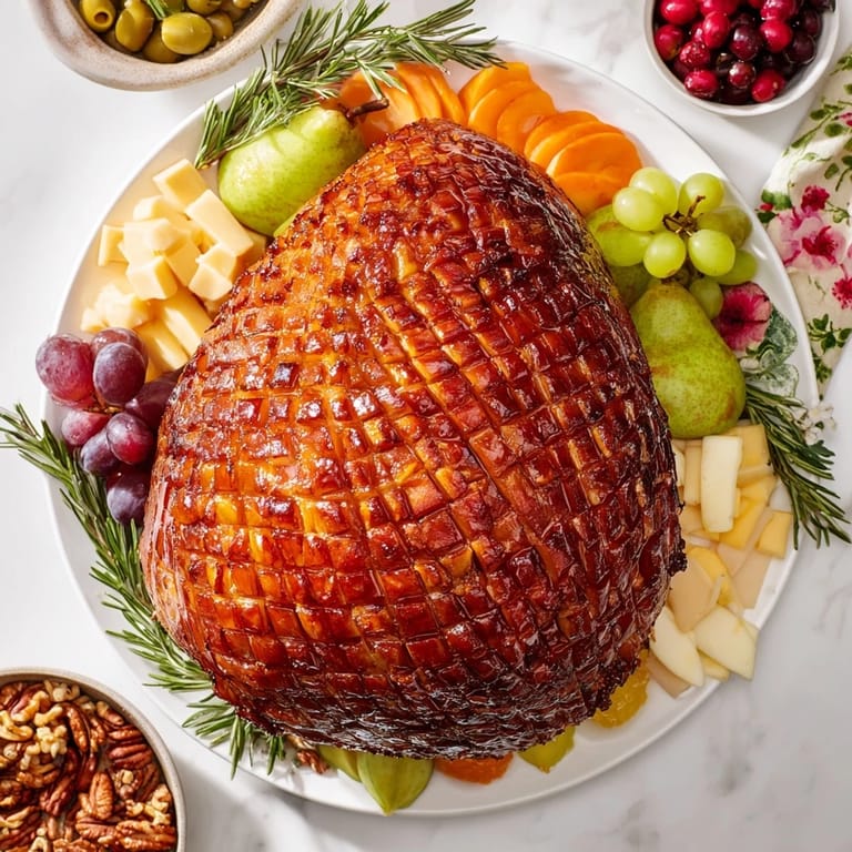 Warm, glazed ham is the star of this centerpiece board, surrounded by beautiful accompaniments.