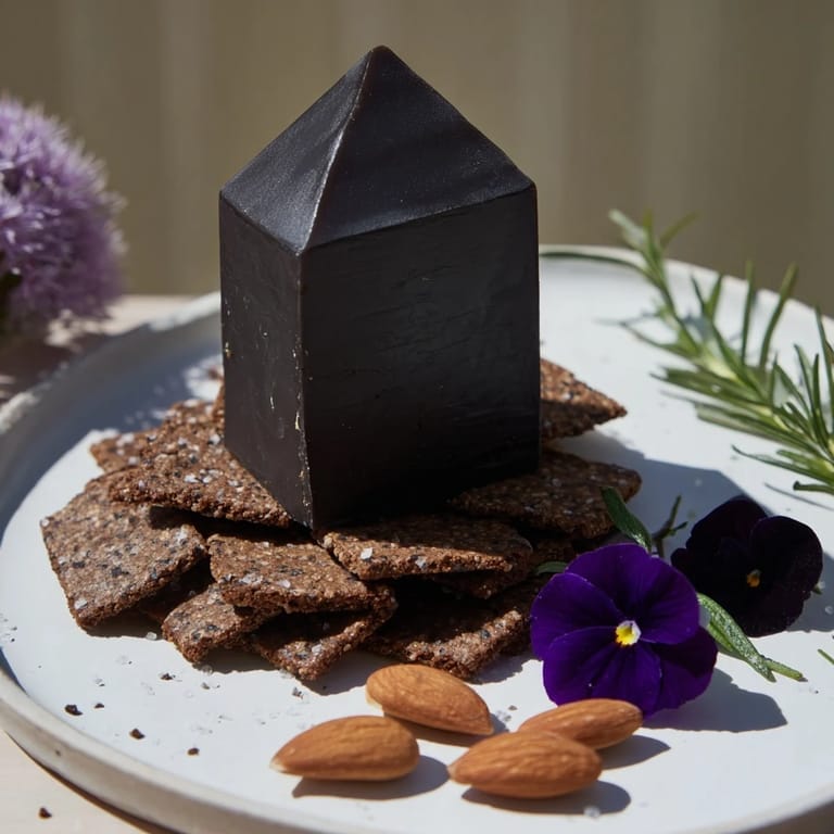 Black wax cheddar cheese, the centerpiece of The Obsidian Peak, paired with dark crackers and almonds.