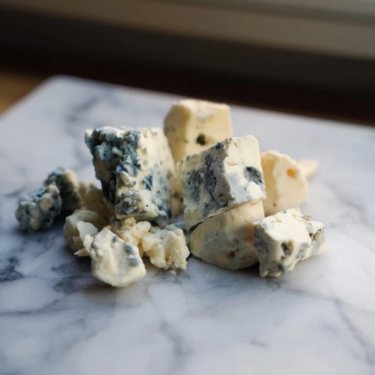 Beautiful Marble Quarry cheese display, featuring creamy blue cheese and sharp cheddar, ready to eat.