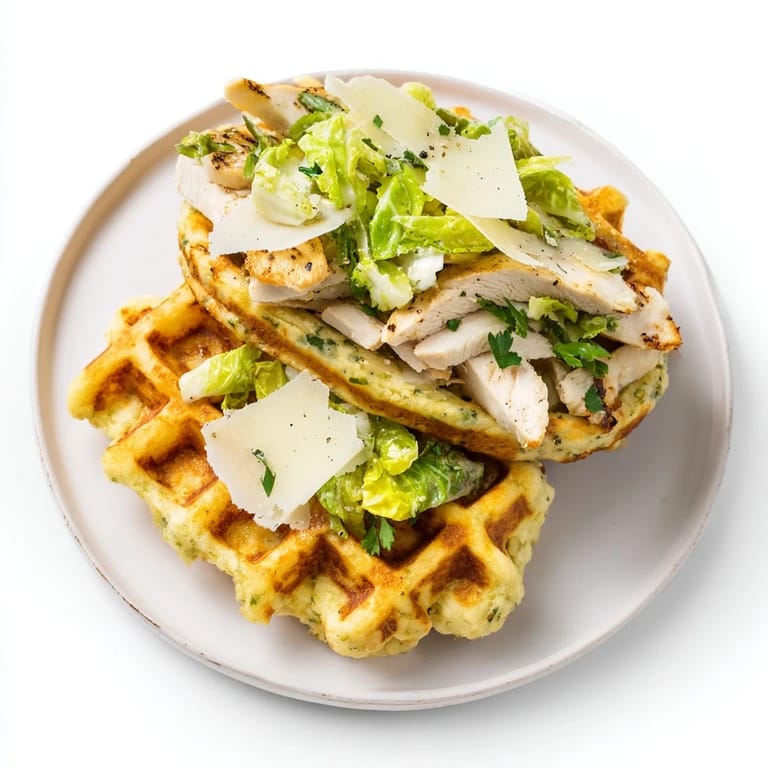 A close-up of a stacked Chicken Caesar Waffle Sandwich, showcasing juicy chicken and crisp romaine lettuce.