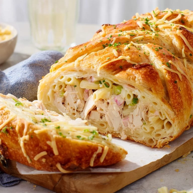 A bubbling, savory Chicken and Pasta Crinkle Cake, perfect for a cozy, delicious family dinner tonight.