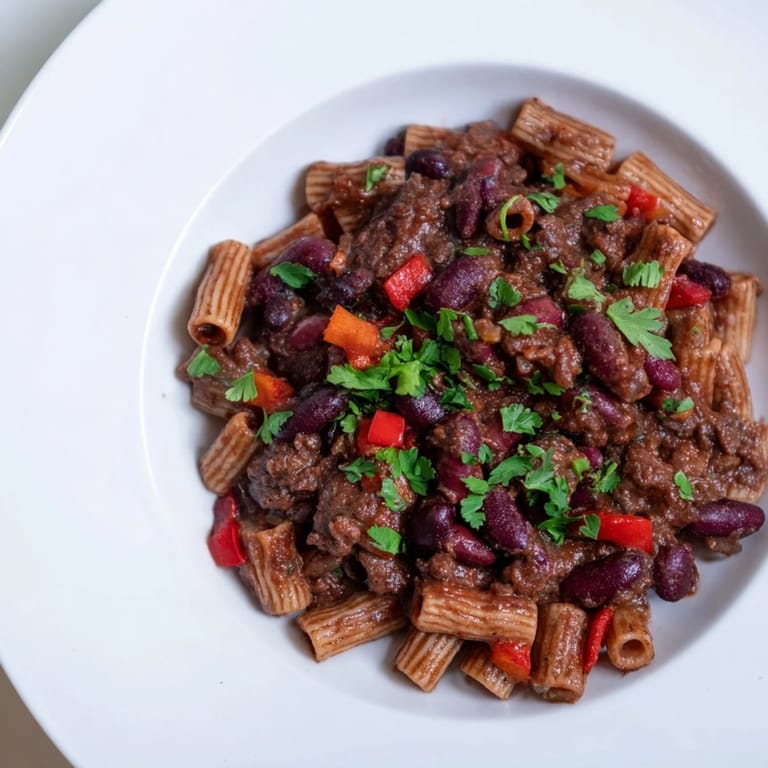 A hearty serving of one-pot ditalini with hot cocoa chili, garnished with fresh cilantro and green onions.