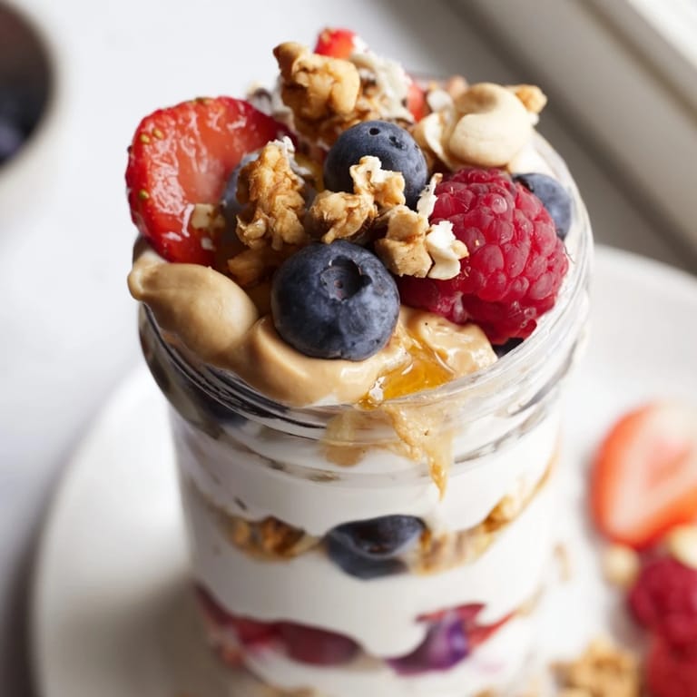 A beautiful cashew butter yogurt parfait with fresh berries, perfect breakfast option.