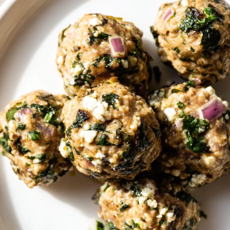 Close-up of juicy spinach feta turkey meatballs, ready to serve with a vibrant green herb garnish.