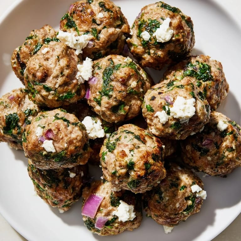 A platter of tender spinach feta turkey meatballs, offering a flavorful and healthy protein option.