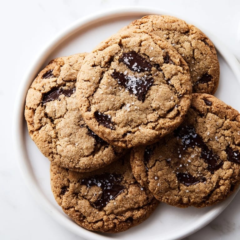 Warm, freshly baked Miso Brown Butter Cookies with a subtle miso flavor and flaky sea salt sprinkled on top.