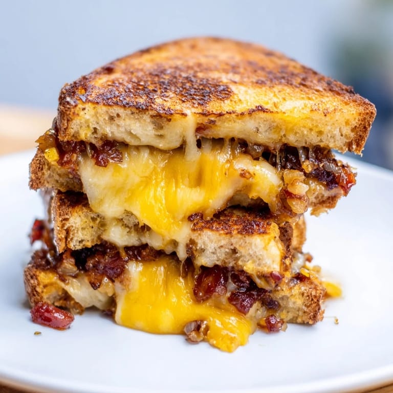 Gooey Bacon Jam Grilled Cheese: a close-up shows crispy bread, smoky bacon jam, and cheese pull.