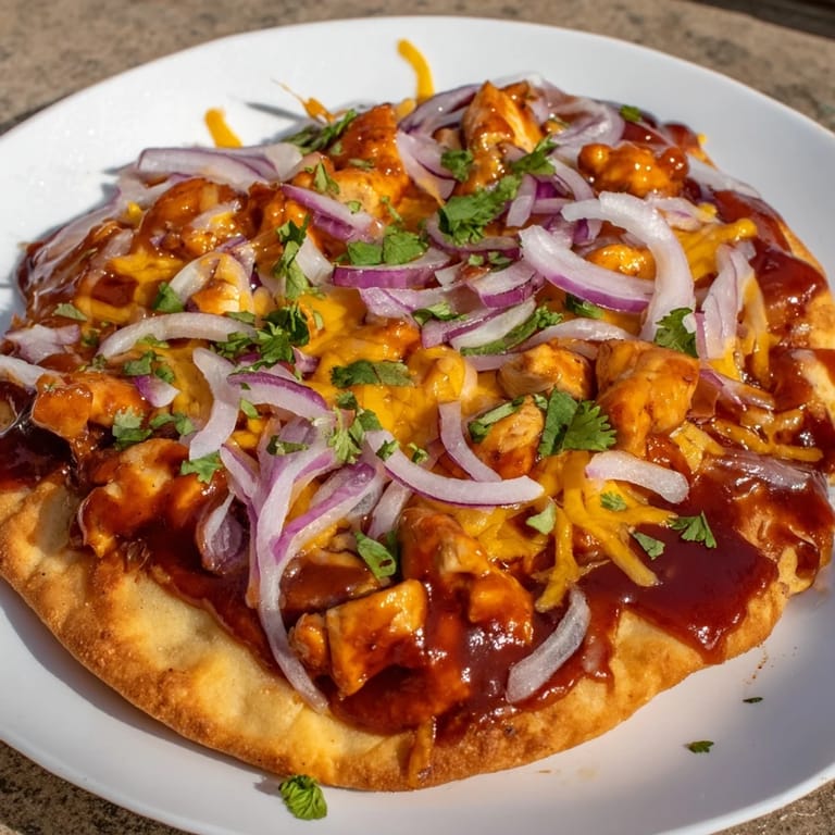Freshly baked BBQ chicken flatbread with bubbling cheese, garnished with red onion and cilantro for dinner.