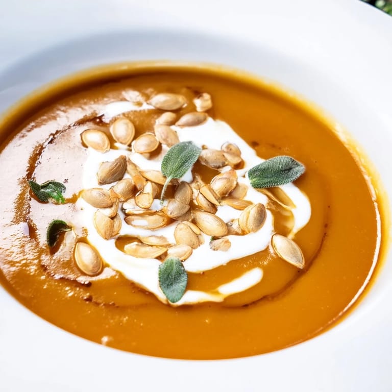 A steaming bowl of vibrant butternut squash soup, perfect for a cozy fall lunch or dinner.