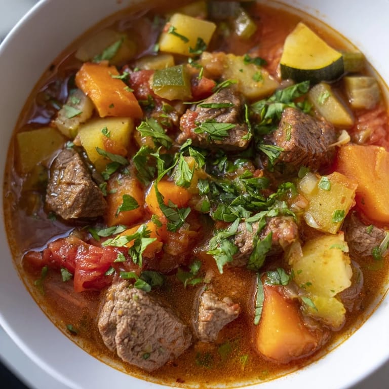 Thick and hearty Algerian Chorba, a comforting soup, garnished with vibrant fresh parsley.