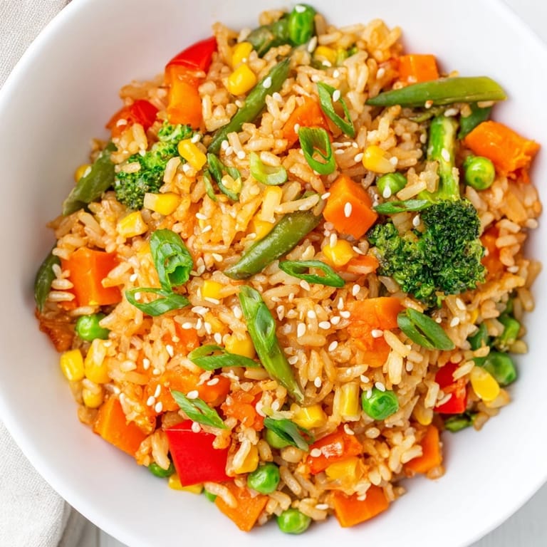 Golden-brown Vegetable Fried Rice, garnished with green onions and sesame seeds, ready to serve hot.