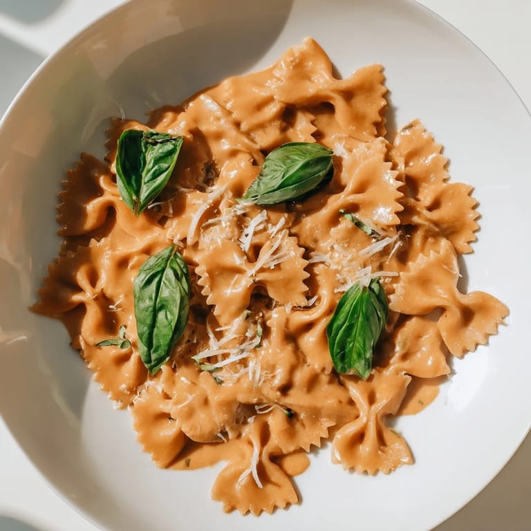 Hearty Tomato Basil Bowtie Pasta served hot in a skillet, with a rich, silky red sauce clinging to each piece.  