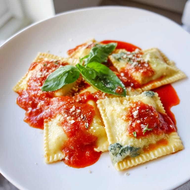 Plate of golden, pan-seared Spinach Ricotta Ravioli topped with marinara, fresh basil, and extra Parmesan cheese.
