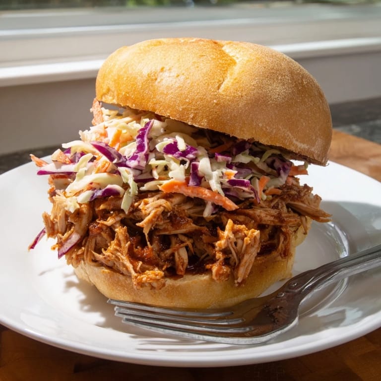 Tender shredded barbecue chicken overflowing from a toasted brioche bun, layered with crunchy, bright cabbage and carrot slaw.