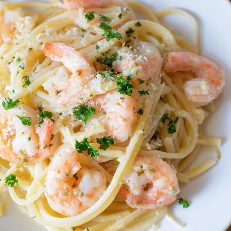 Tender pink shrimp nestled in a rich, cheesy garlic cream sauce served over warm, al dente linguine.