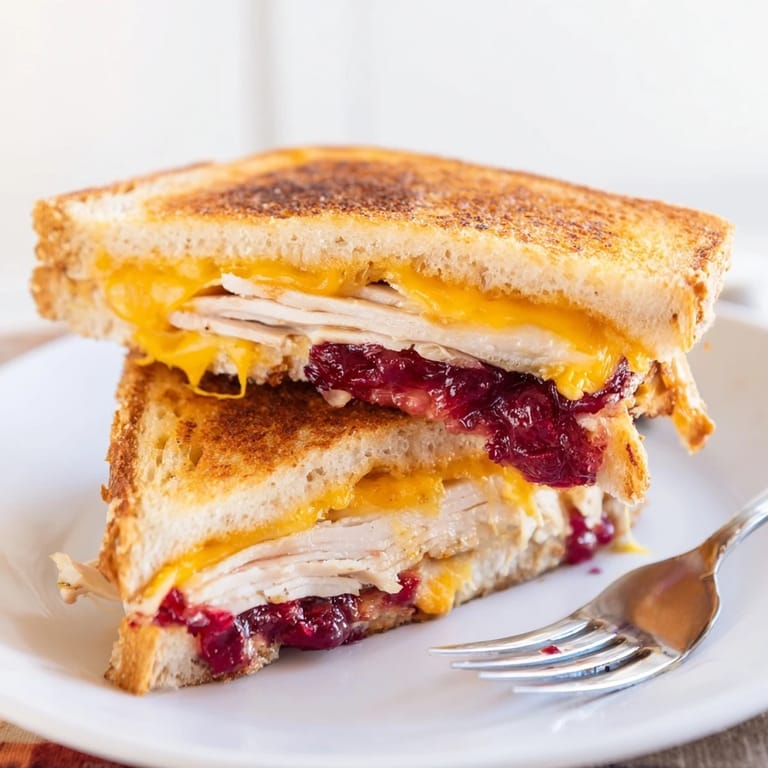 Savory smoked turkey grilled cheese on whole wheat, melted cheddar oozing with cranberry-mustard spread.