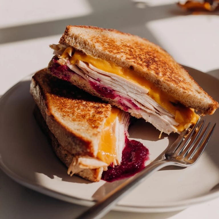 Skillet-grilled smoked turkey sandwich with melted cheddar and cranberry spread, served warm and sliceable.