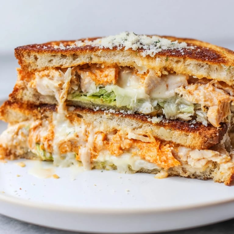 Juicy buffalo chicken and creamy Caesar dressing melt between grilled sourdough slices, served with a side of extra buffalo sauce for dipping.