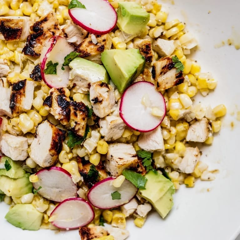 Hearty Roasted Corn & Chicken Chopped Salad tossed with crisp romaine, radishes, and a zesty lime dressing.  