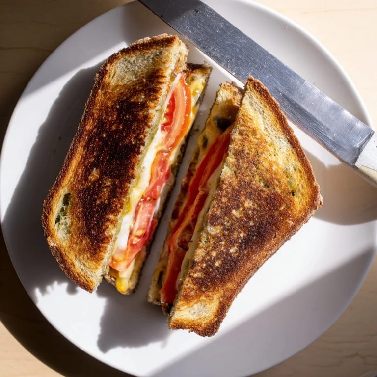 Pepper Jack & Tomato Grilled Cheese served beside a bowl of creamy tomato soup for dipping.
