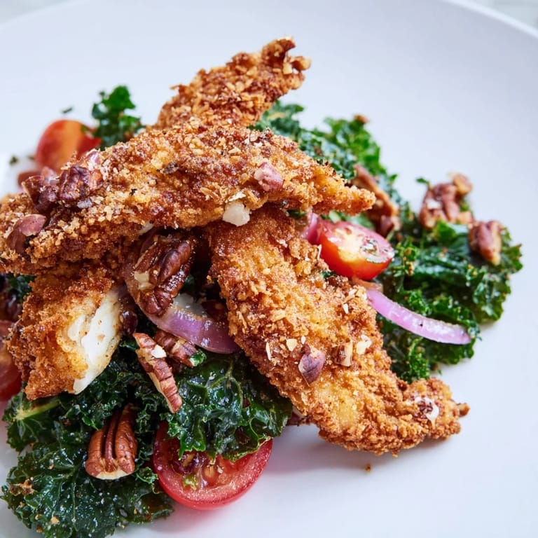 For this Crispy Chicken Kale Salad, golden fried chicken strips are sliced and arranged over kale with cherry tomatoes and pecans, dressed in maple-Dijon.