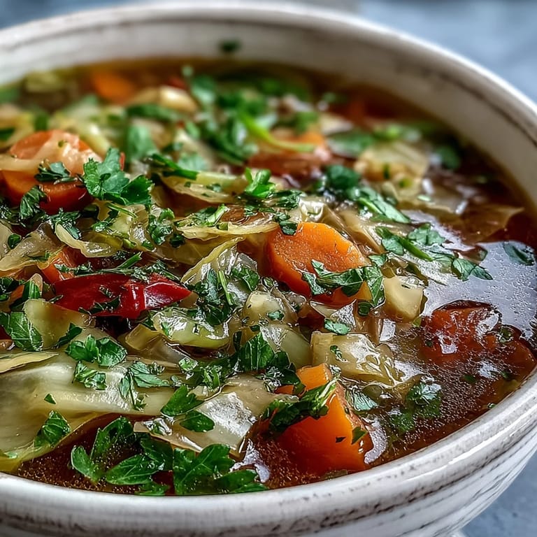 A comforting and healthy bowl of {{Cabbage Soup}} perfect for a cozy meal.