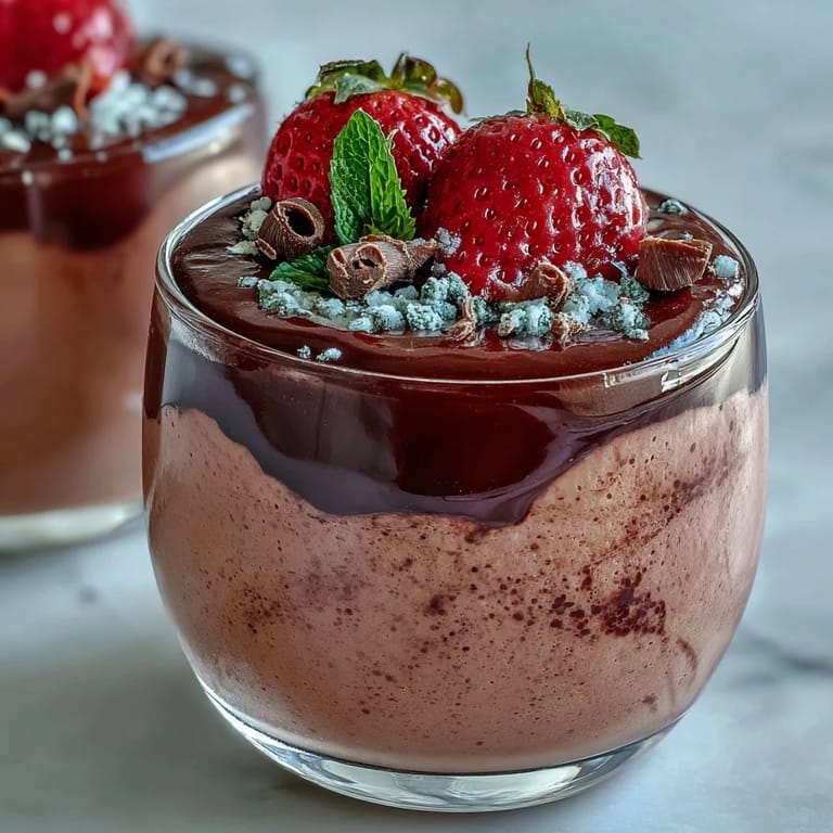 Decadent chocolate-covered strawberry mousse layered in a glass, garnished with fresh strawberries and chocolate.