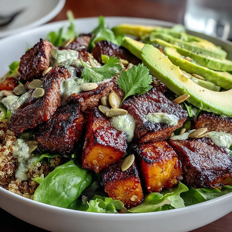 Vibrant bowls of caramelized butternut squash steak bowls include baby spinach, red onion, and toasted pepitas for a nutritious weeknight dinner.