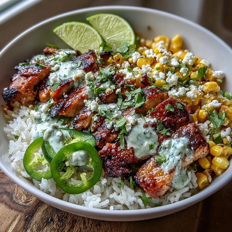 Grilled Street Corn Chicken and Rice Bowl served with lime crema drizzle and fresh jalapeños for a zesty, Mexican-inspired dinner.