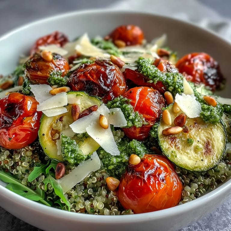 Colorful roasted veggies and toasted pine nuts top this nourishing Arugula Pesto Bowl. 