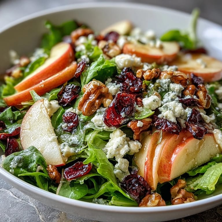 Colorful Mixed Greens and Apple Bowl featuring crisp apples, dried cranberries, and walnuts tossed in homemade apple cider vinaigrette.