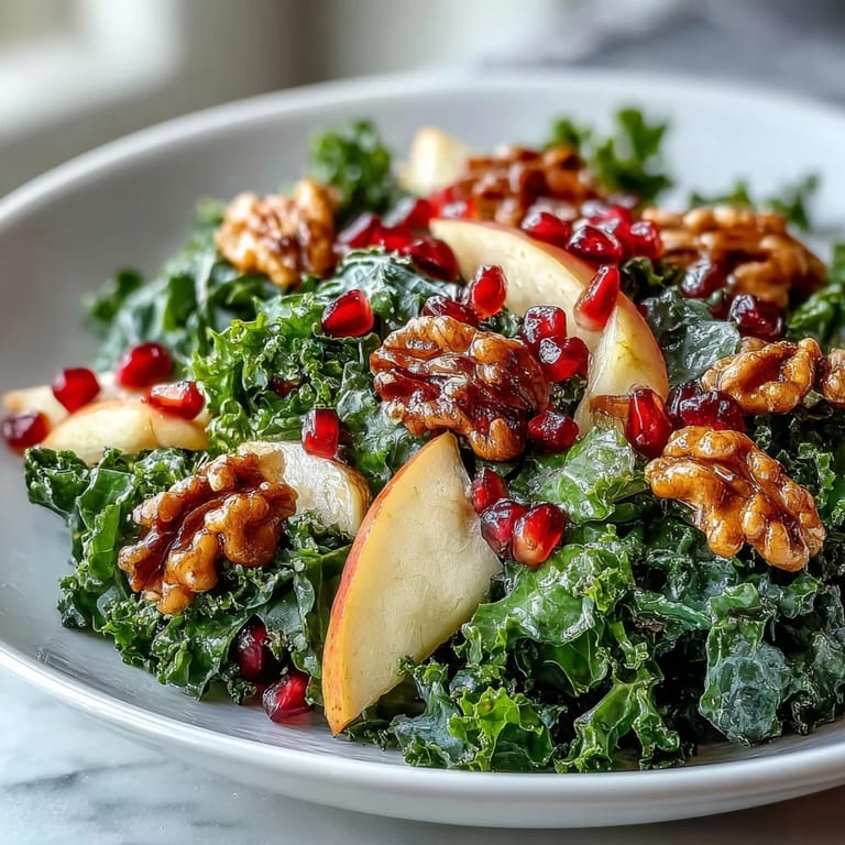 Vibrant kale massaged until tender, mixed with juicy pomegranate seeds, crisp apple, and walnuts, finished with a honey-Dijon dressing for a satisfying vegetarian salad.
