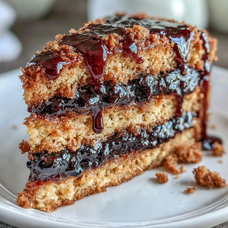 Warm PB and J Cake With Black Currant Sauce drizzled generously, with a glass of cold milk on the side.