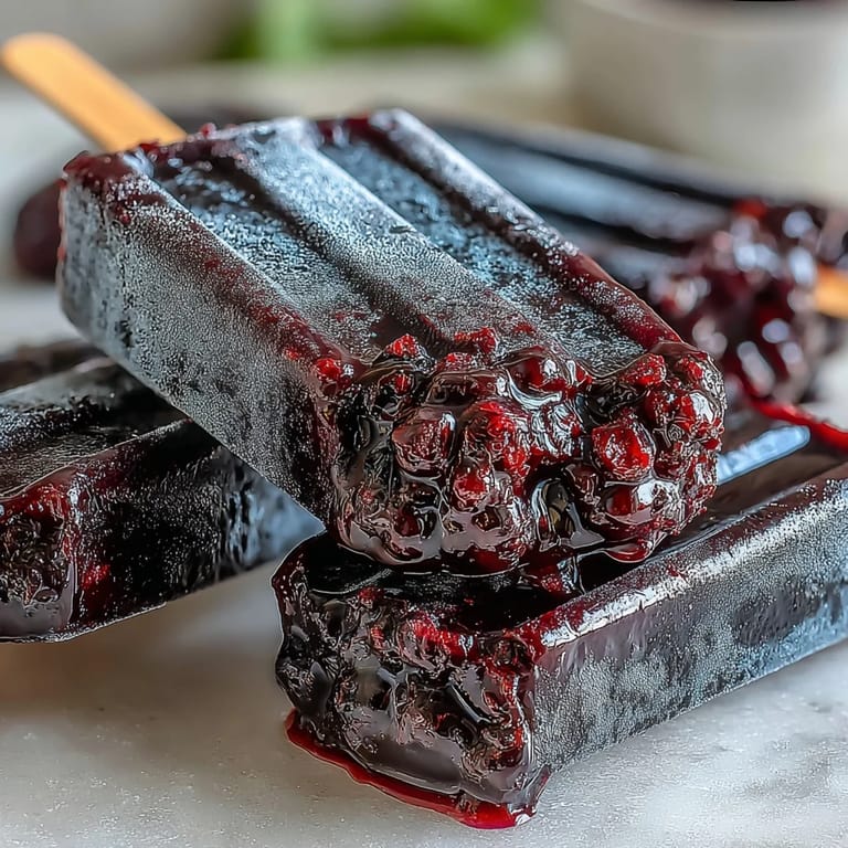 A close-up of a hand holding a frosty Black Currant Popsicle, with condensation glistening on the vibrant red-purple frozen treat.