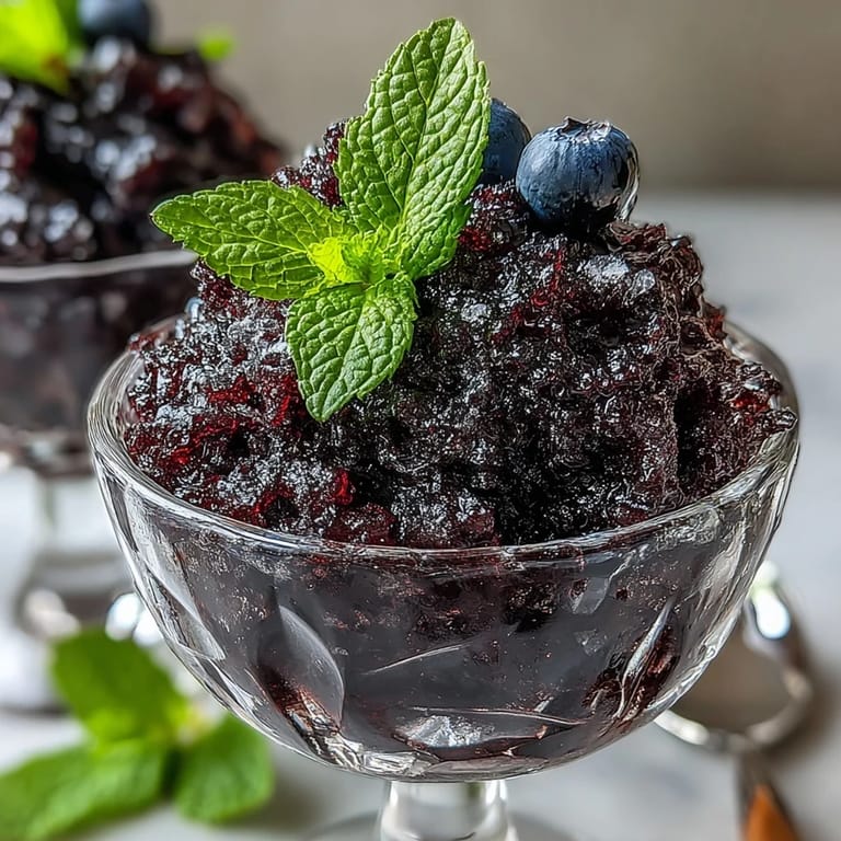 Fresh mint and a handful of whole black currants garnish the fluffy red granita served in a clear dessert bowl.