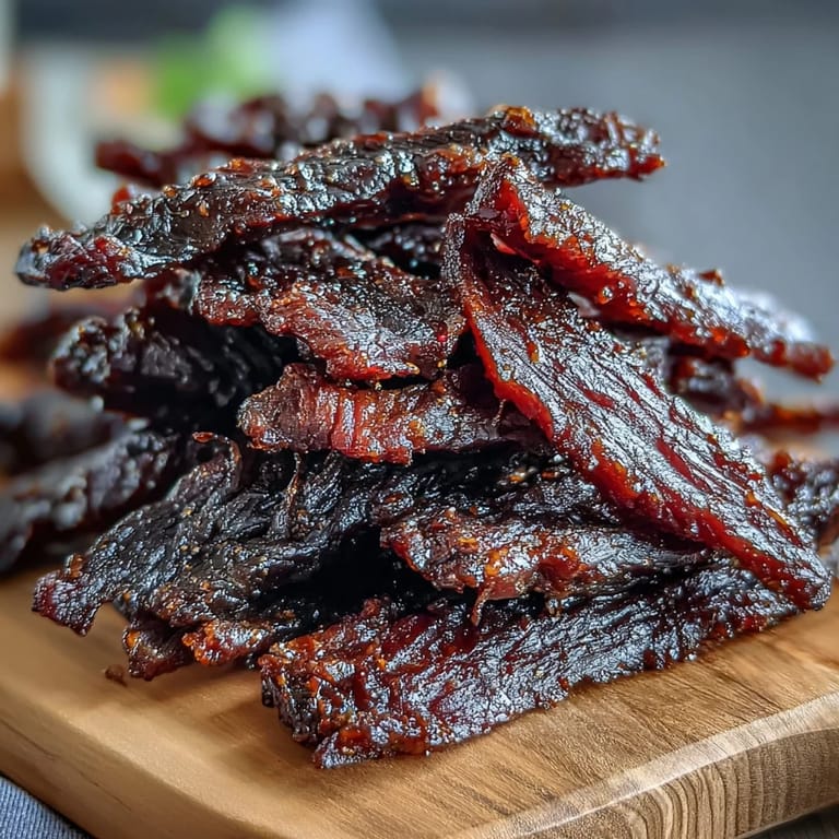 A close-up shows tender Black Currant Smoky Jerky beside fresh black currants and a chilled IPA.