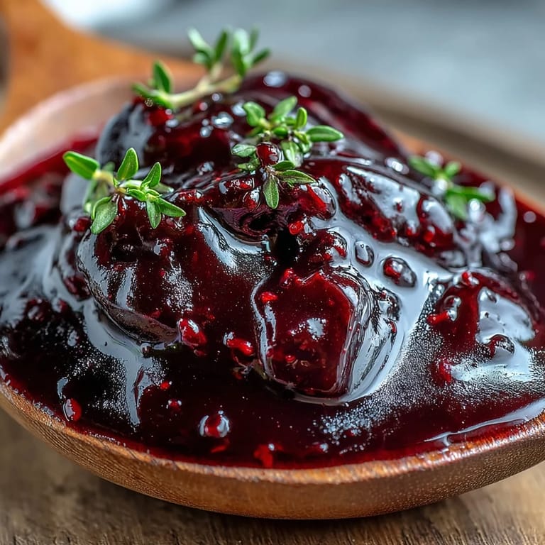 A warm spoonful of Black Currant Reduction, steeped with aromatic herbs, ready to glaze grilled pork.