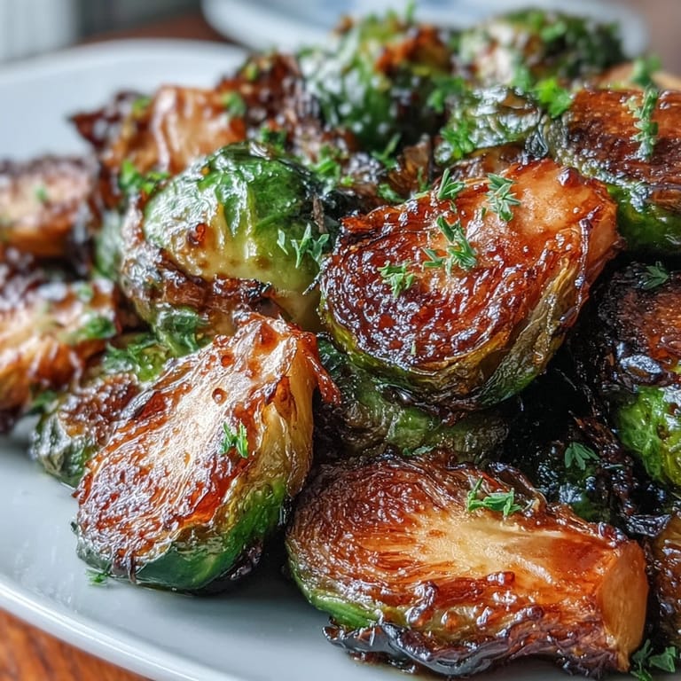 Shiny, sticky Irresistible Orange Maple Glazed Brussels Sprouts in a white bowl, a savory vegetarian side perfect for weeknights.