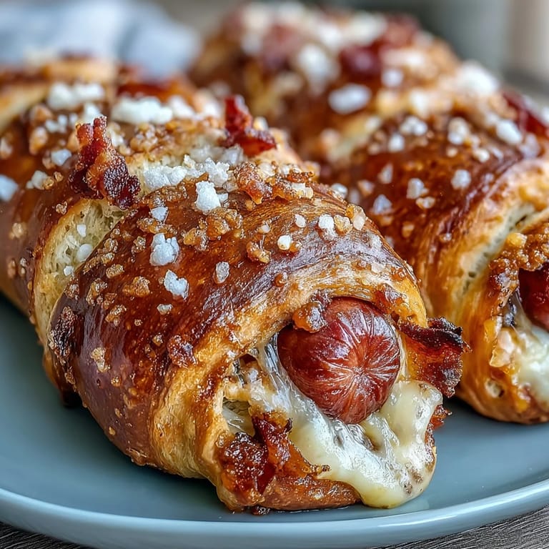 A close-up of Soft Baked Cheesy Pretzel Dogs, showcasing melted cheddar and chewy pretzel dough.