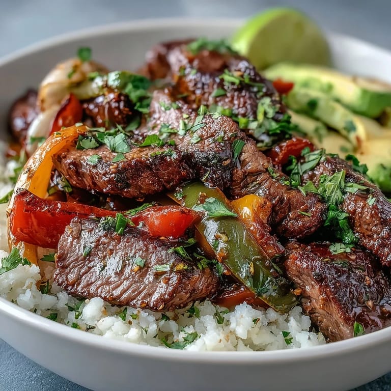 Freshly cooked cauliflower rice forms a low-carb base for the juicy steak and sautéed peppers in a Tex-Mex Steak Fajita Bowl.