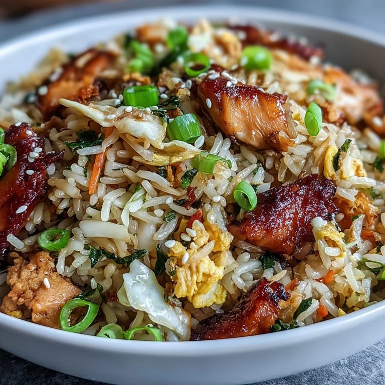 Overhead view of Crispy Chicken Fried Rice with Egg Roll Flavors, a one-pan Asian-American main dish garnished with fresh green onions.