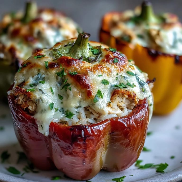 Garlic Parmesan Chicken Stuffed Peppers served warm alongside a crisp green salad.