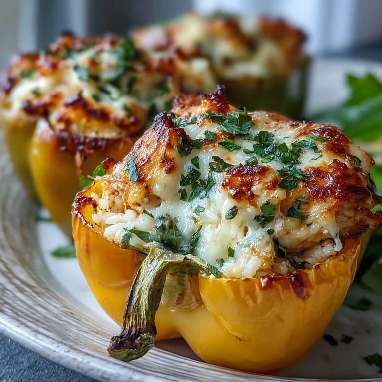 A close-up of Garlic Parmesan Chicken Stuffed Peppers on a white plate, garnished with fresh parsley.