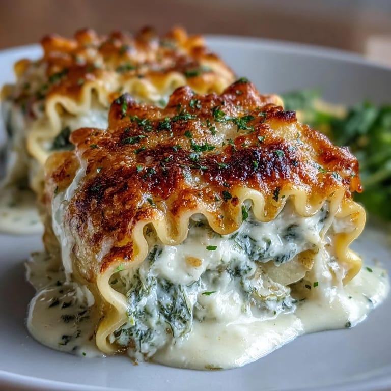 Tender noodles stuffed with creamy ricotta and spinach, drizzled with rich garlic butter sauce on a white plate.