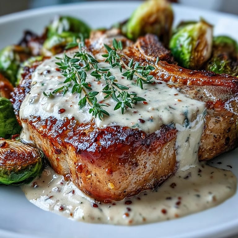 Keto Creamy Dijon Pork Chops plated with roasted Brussels sprouts, ready for a low-carb dinner.