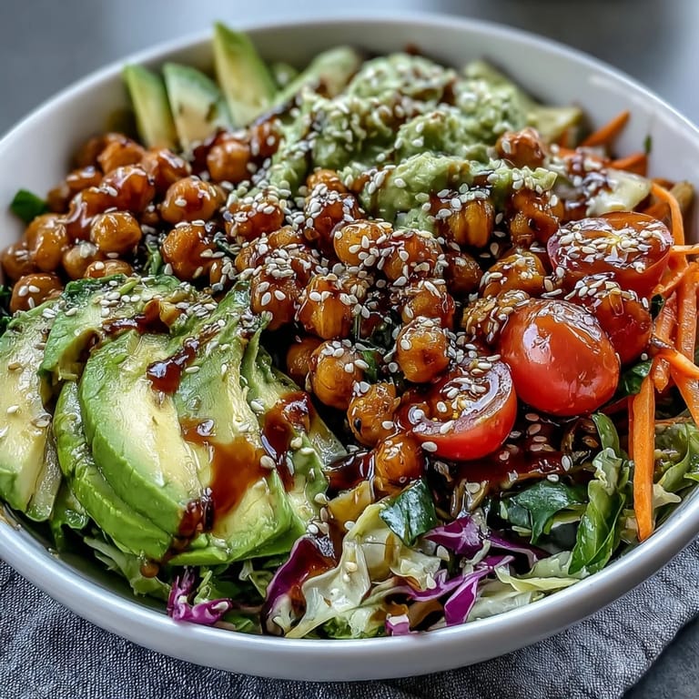 Close-up of Rainbow Veggie Buddha Bowl with Sesame Ginger Dressing, highlighting crunchy cabbage, carrots, and bell pepper topped with sesame seeds.